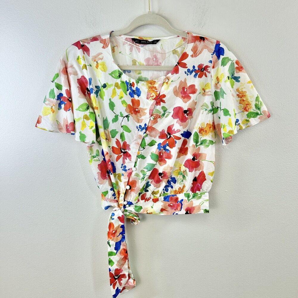 Zara Top Womens S Watercolor Floral Short‎ Flutter Sleeve Hip Tie Crop Summer